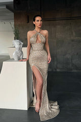 Halter Sequins Mermaid Prom Dress Sleeveless With Slit-Ballbella