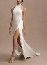Halter Sleeveless Silk Like Satin Sheath Fitted Wedding Dresses Split Front-Ballbella