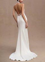 Halter Sleeveless Silk Like Satin Sheath Fitted Wedding Dresses Split Front-Ballbella