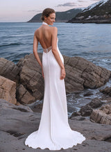 Halter Sleeveless Silk Like Satin Sheath Fitted Wedding Dresses Split Front-Ballbella