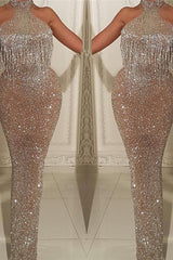 Halter Sleeveless Wholesale Prom Dresses with Tassels Fit and Flare Sparkle Sequins Discount Evening Gowns-Ballbella