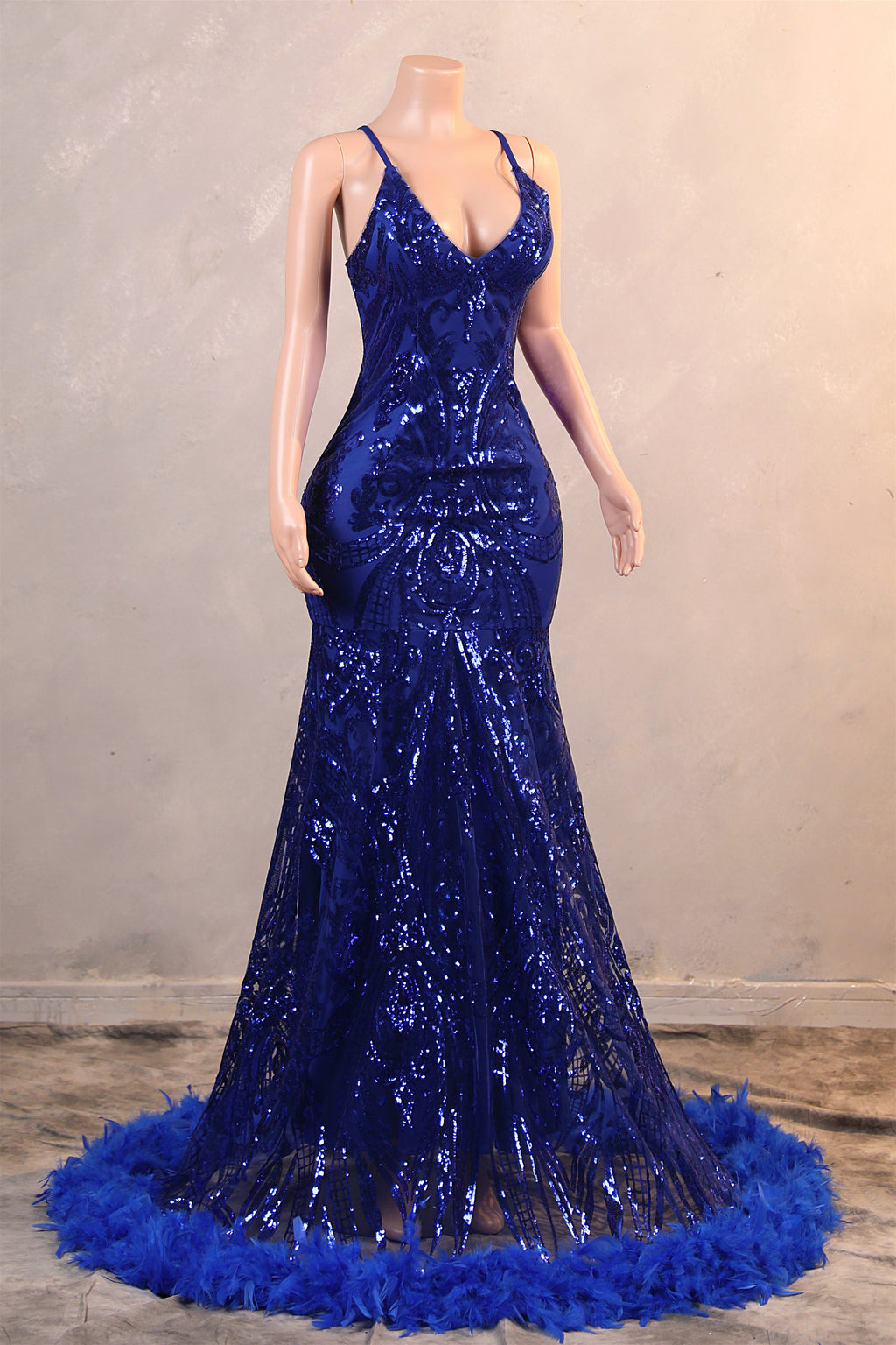Halter V-neck Royal Blue Sequin Sparkle Feathers Prom Dresses Ballbella Halter V-neck Royal Blue Sequin Sparkle Feathers Prom Dresses Ballbella