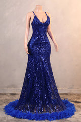 Halter V-neck Royal Blue Sequin Sparkle Feathers Prom Dresses-Ballbella