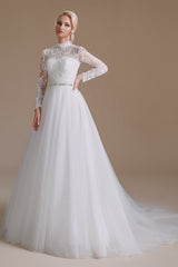 High Collar Lace Applique Long Sleeves Floor Length Wedding Dress | Ballbella Design-Ballbella