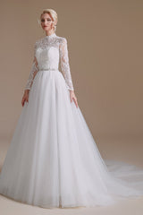 High Collar Lace Applique Long Sleeves Floor Length Wedding Dress | Ballbella Design-Ballbella