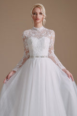 High Collar Lace Applique Long Sleeves Floor Length Wedding Dress | Ballbella Design-Ballbella