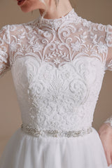 High Collar Lace Applique Long Sleeves Floor Length Wedding Dress | Ballbella Design-Ballbella