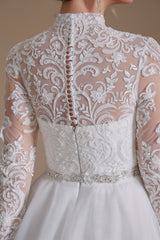High Collar Lace Applique Long Sleeves Floor Length Wedding Dress | Ballbella Design-Ballbella