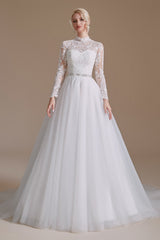 High Collar Lace Applique Long Sleeves Floor Length Wedding Dress | Ballbella Design-Ballbella