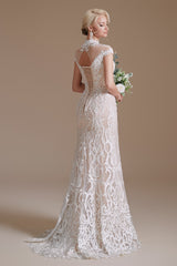 High Collar Lace Long Cap Sleeves Mermaid Wedding Dress | Ballbella Design-Ballbella