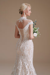 High Collar Lace Long Cap Sleeves Mermaid Wedding Dress | Ballbella Design-Ballbella