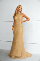 High Collar Mermaid Floor-length Sleeveless Backless Appliques Lace Modest Prom Dress-Ballbella