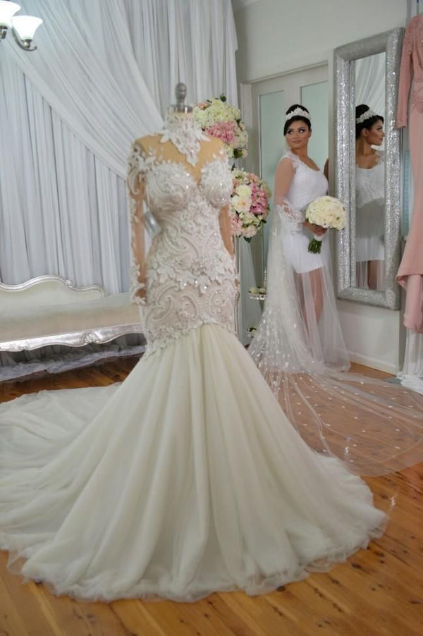 Looking for perfect dress for your big day? Check out this High Neck Beads Appliques Mermaid Wedding Dresses at Ballbella comes in all sizes and colors. Shop a selection of formal dresses for special occasion and weddings at reasonable price.
