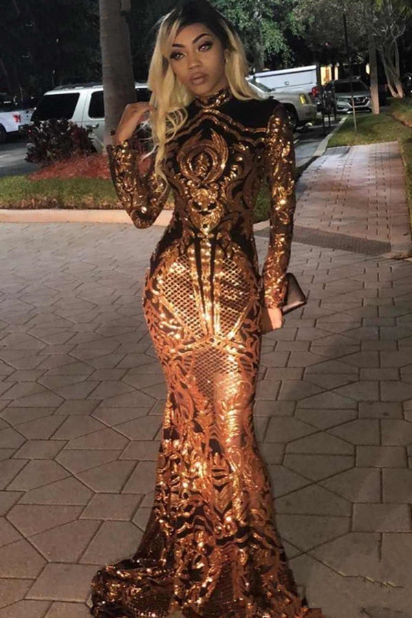 High Neck Golden Appliques Mermaid Long Sleevess Prom Dresses High Neck Golden Appliques Mermaid Long Sleevess Prom Dresses