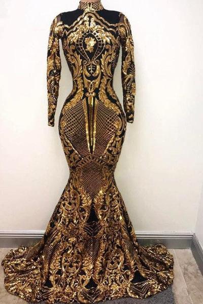 High Neck Golden Appliques Mermaid Long Sleevess Prom Dresses High Neck Golden Appliques Mermaid Long Sleevess Prom Dresses