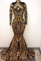 High Neck Golden Appliques Mermaid Long Sleevess Prom Dresses-Ballbella