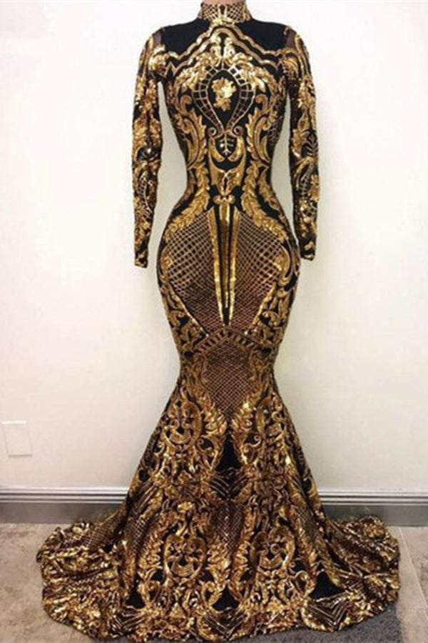 High Neck Golden Appliques Mermaid Long Sleevess Prom Dresses High Neck Golden Appliques Mermaid Long Sleevess Prom Dresses