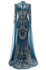 High neck Ink Blue Long sleeves Beaded Mermaid Evening Dresses-Ballbella