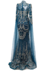 High neck Ink Blue Long sleeves Beaded Mermaid Evening Dresses-Ballbella