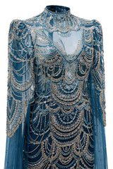 High neck Ink Blue Long sleeves Beaded Mermaid Evening Dresses-Ballbella