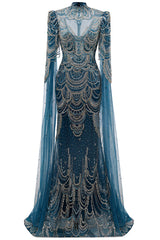 High neck Ink Blue Long sleeves Beaded Mermaid Evening Dresses-Ballbella