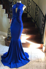 High Neck Keyhole Appliques Sleeveless Mermaid Evening Dresses-Ballbella