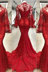 High Neck Long Sleevess Mermaid Beading Applique Chapel Train Prom Party Gowns-Ballbella