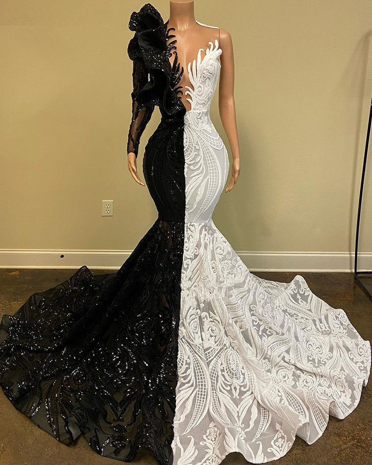 Hot Half Black Half White One shoulder Long Sleeves Mermaid Prom