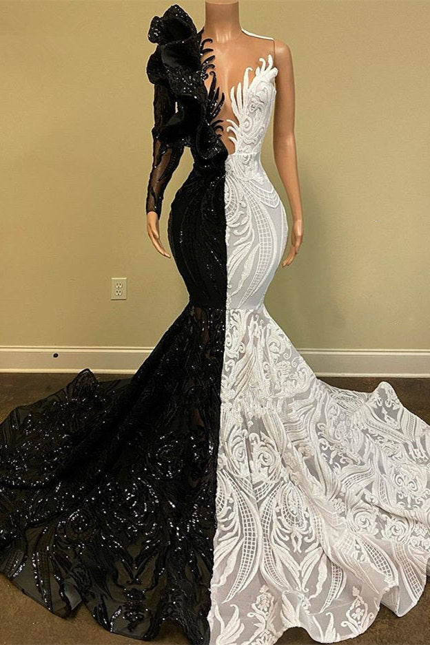 Hot Half Black Half White One shoulder Long Sleeves Mermaid Prom Dresses Hot Half Black Half White One shoulder Long Sleeves Mermaid Prom Dresses
