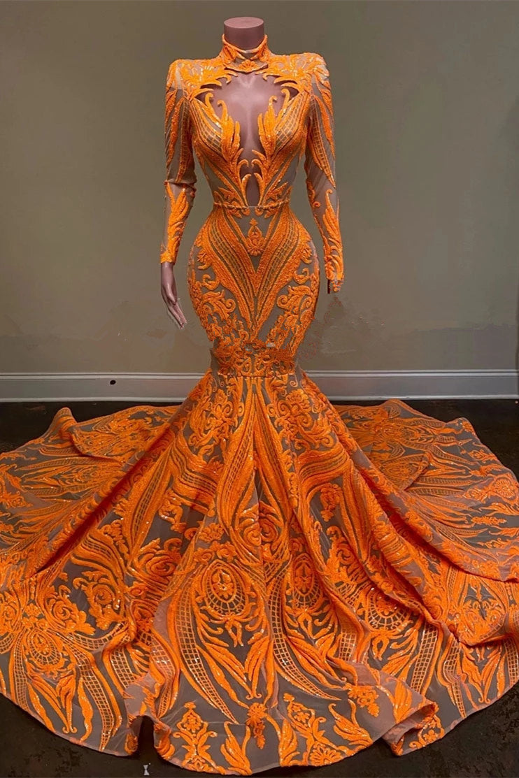 Hot Orange High neck Long Sleeves Mermaid Sequin Prom Dresses Hot Orange High neck Long Sleeves Mermaid Sequin Prom Dresses
