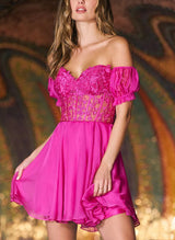 Hot Pink Sweetheart Short Sleeves Homecoming Dresses With Appliques Lace-Ballbella