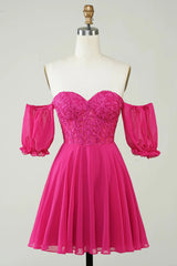Hot Pink Sweetheart Short Sleeves Homecoming Dresses With Appliques Lace-Ballbella