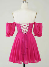 Hot Pink Sweetheart Short Sleeves Homecoming Dresses With Appliques Lace-Ballbella