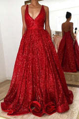Hot Ruby backless Shining Sequin V-neck Ball Gown Evening Gowns On Sale-Ballbella
