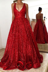 Hot Ruby backless Shining Sequin V-neck Ball Gown Evening Gowns On Sale-Ballbella