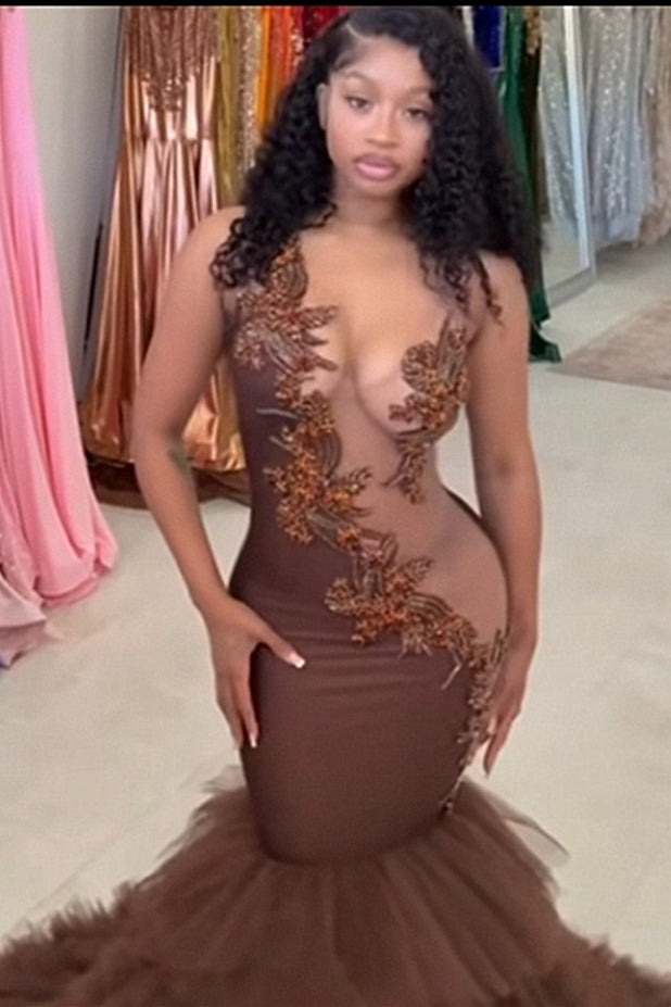 dresses that are see through Hot See-through Sleeveless Mermaid Ruffles Flowers Beaded Prom Dresses – Ballbella