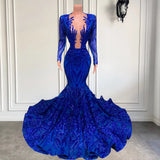 Hot Sparkle Royal Blue Sequin Long sleeves Mermaid Prom Dresses-Ballbella
