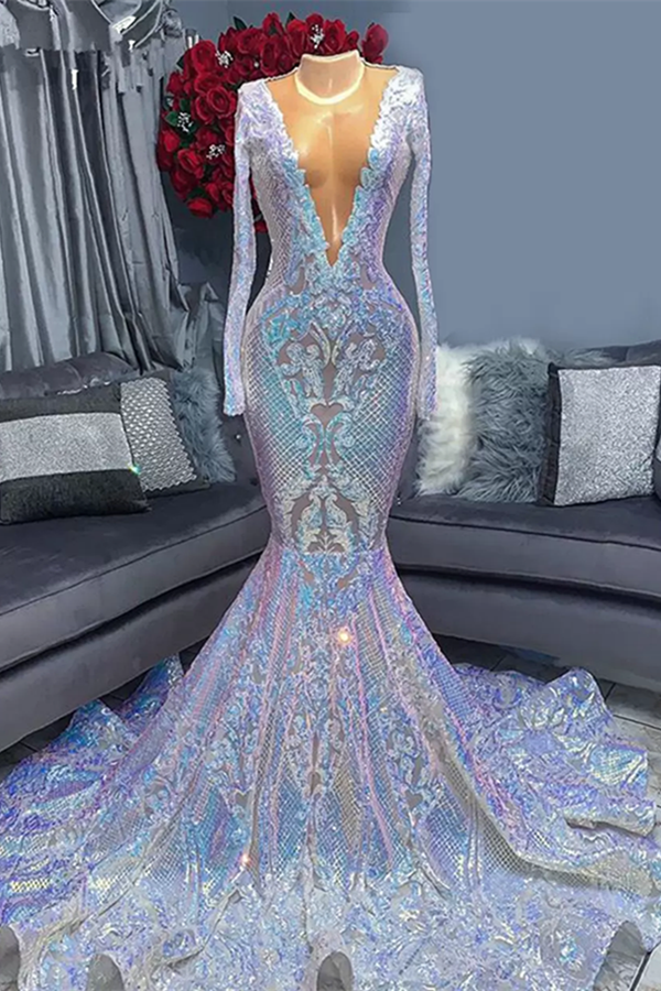 Hot Sparkle Sequin V neck Long sleeves Mermaid Prom Dresses Hot Sparkle Sequin V neck Long sleeves Mermaid Prom Dresses