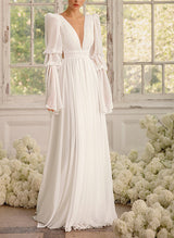 Illusion Neck Long Sleeves Chic A-line Chiffon Elegant Wedding Dresses Pleated-Ballbella