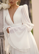 Illusion Neck Long Sleeves Chic A-line Chiffon Elegant Wedding Dresses Pleated-Ballbella
