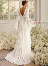 Illusion Neck Long Sleeves Chic A-line Chiffon Elegant Wedding Dresses Pleated-Ballbella