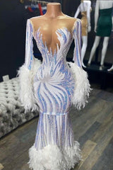Illusion neck Long Sleeves Luxurious Fur Sequin Mermaid Prom Party Gowns-Ballbella
