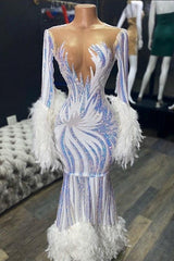 Illusion neck Long Sleeves Luxurious Fur Sequin Mermaid Prom Party Gowns-Ballbella
