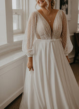 Illusion Neck Plus Size Chic A-line Lace Sweep Train Long Sleeves Wedding Dresses-Ballbella