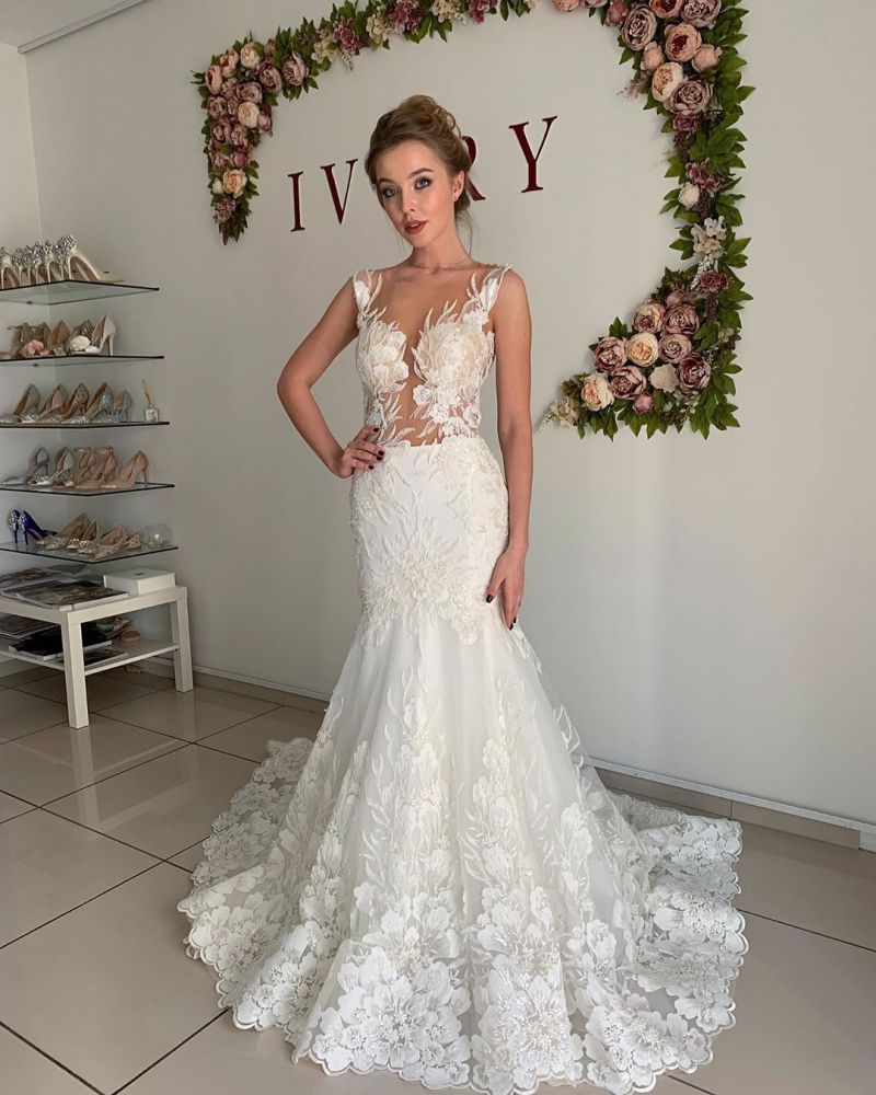 Illusion neck White Lace Sleeveless Mermaid Wedding Dress – Ballbella