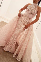 Illusion Puffy Overskirt Column High Neck Sleeveless Lace Gorgeous Evening Dress-Ballbella