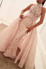 Illusion Puffy Overskirt Column High Neck Sleeveless Lace Gorgeous Evening Dress-Ballbella