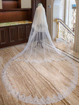 Ivory 2 Tier Long Cathedral Waterfall Lace Applique Wedding Veils-Ballbella