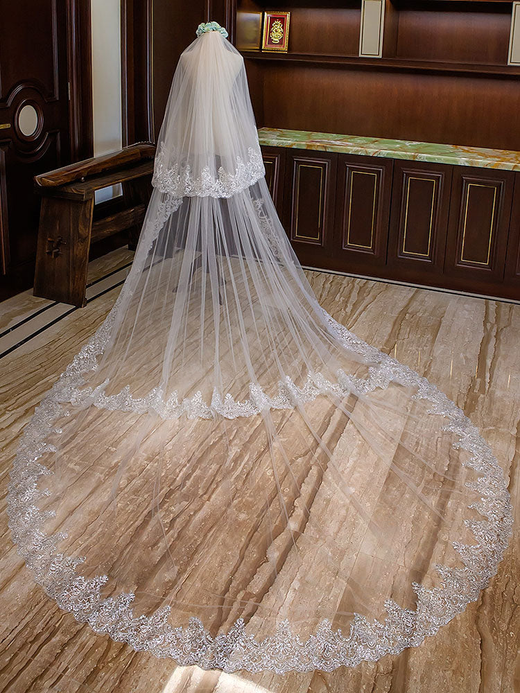 Ivory 2 Tier Long Cathedral Waterfall Lace Applique Wedding Veils –  Ballbella