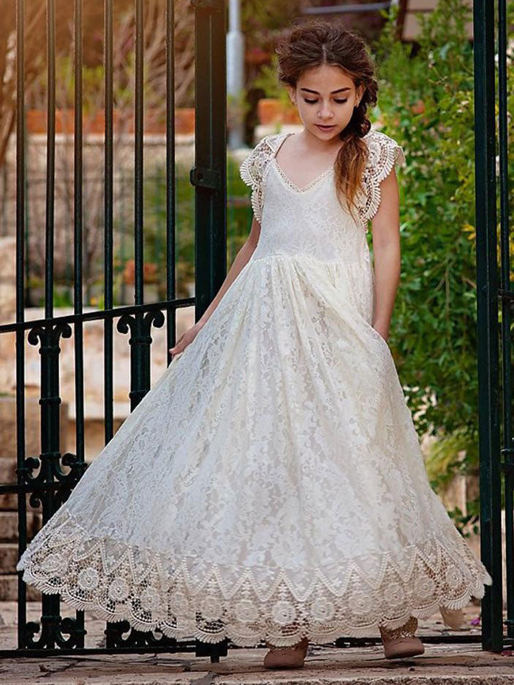 Ivory Jewel Neck Lace Short Sleeves Floor-Length A-Line Lace Kids Social Party Dresses, Ivory / 2 Years old